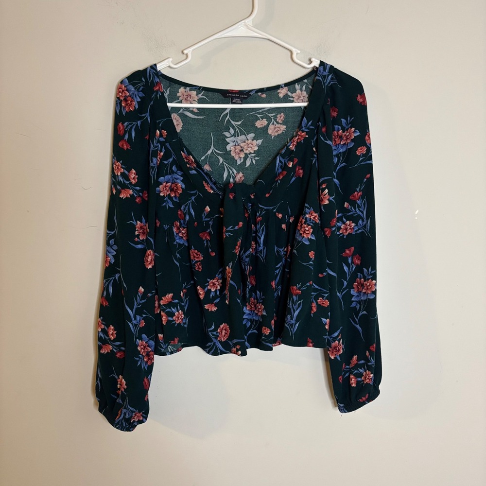 American Eagle Green Floral Tie Blouse Womens Size S